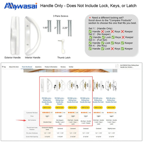 Patio Sliding Door Handle Set Replacement Mortise Style Fits 1-1/2 To 1-3/4 Inch Door Thickness No Lock No Keys White Aluminum