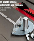 Heavy Duty Universal Miter Gauge For Table Saw And Router Table With 27 Dead On Precise Stops And 120 Degree Slick Cutting Range top view with ergonomic handle and stainless steel construction.