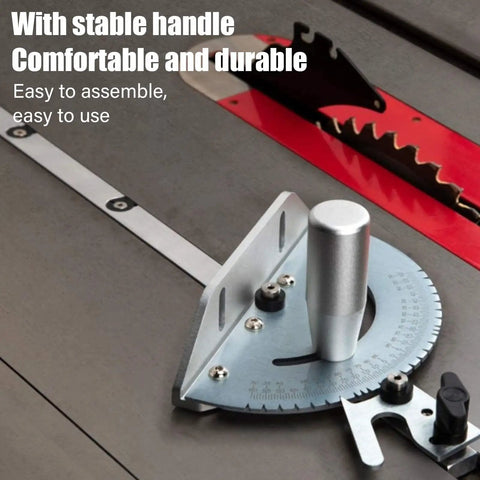 Heavy Duty Universal Miter Gauge For Table Saw And Router Table With 27 Dead On Precise Stops And 120 Degree Slick Cutting Range top view with ergonomic handle and stainless steel construction.