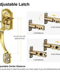 Vintage Gold Front Door Lock Set With Crystal Glass Knob Sleek Dope Reversible Handle And Deadbolt Brushed Gold Exterior Entry Door Hardware With Zinc Alloy Construction For Right Or Left Swing showing adjustable latch and center distance.