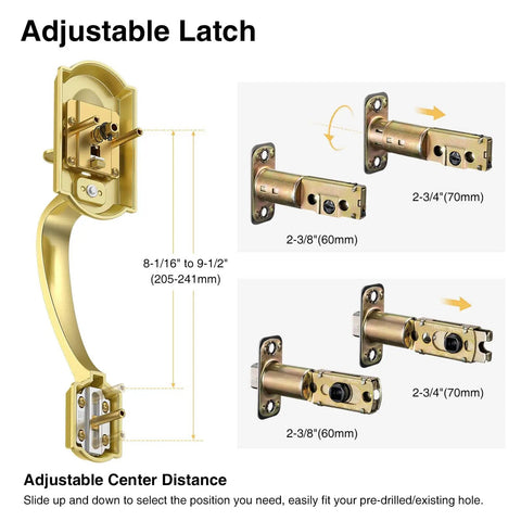 Vintage Gold Front Door Lock Set With Crystal Glass Knob Sleek Dope Reversible Handle And Deadbolt Brushed Gold Exterior Entry Door Hardware With Zinc Alloy Construction For Right Or Left Swing showing adjustable latch and center distance.