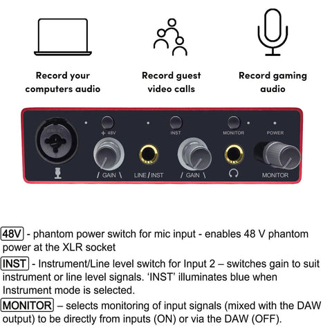 Front view of 2x2 USB Audio Interface With Mic Preamplifier And 48V Phantom Power For Studio Quality Recording And 24 Bit Resolution USB Mixer.