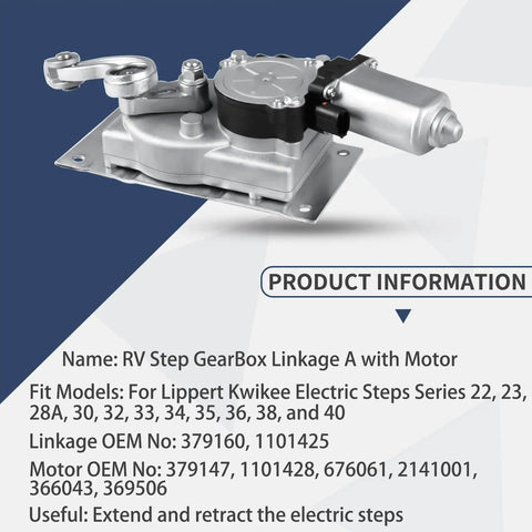 Recreational Vehicle Entry Step Gear Motor And Gearbox Linkage Replacement Kit For Kwikee Electric Steps Series 22 Through 40 Direct Fit OEM Standard Drop In Ready With Auto Shutdown Easy Ten Minute Install