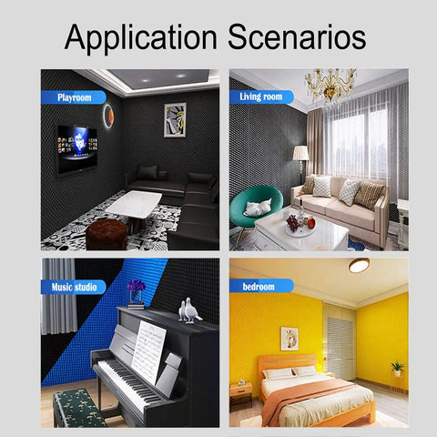 Application scenarios of Egg Crate Acoustic Foam Panel 48 By 24 By 2 Inches Black Dope Soundproof Studio Foam for walls in various rooms.