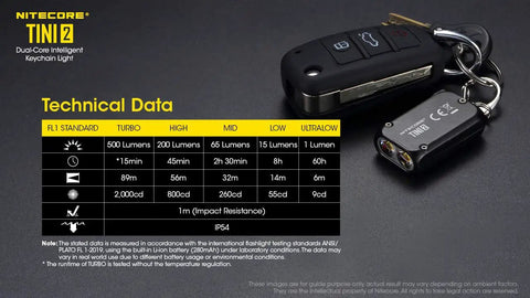 Ultra Compact Keychain Flashlight Delivers 500 Lumens And A 97 Yard Beam, USB C Rechargeable next to car keys, technical data visible