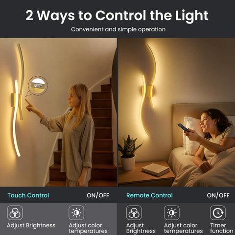 Battery Operated Wall Sconces Set Of Two Cordless LED Lights With Remote, dimmable, shown with touch and remote control in use