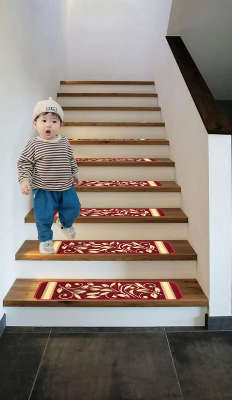 Anti Slip Stair Treads 15 Piece Red Set Pet Friendly No Slip Stair Mats With Rubber Backing Floral Design on wood stairs