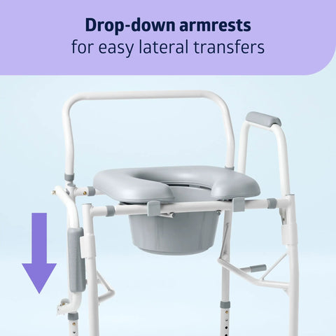 Rock Solid Senior Commode Chair With Knockout Comfort Foam Cushion And Super Smooth Lateral Transfer Drop Arms For Wheelchairs Removable Pail Splash Guard