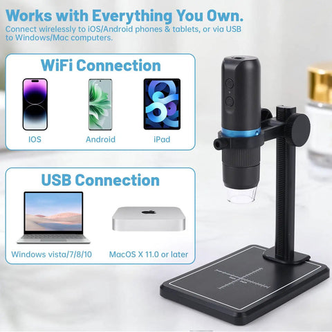 Pro Grade Skin Analysis Microscope With Stand For Home And Salon 1000X 1080P HD Wireless USB Camera on adjustable base