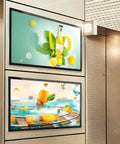 Slick 27 Inch Digital Menu Board With Led Backlit Display And Hd Video Player For Restaurants featuring vibrant ads and beverage graphics.