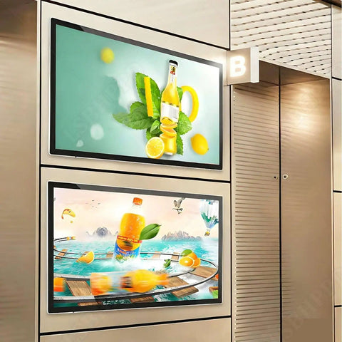 Slick 27 Inch Digital Menu Board With Led Backlit Display And Hd Video Player For Restaurants featuring vibrant ads and beverage graphics.