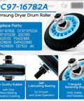 Dryer Roller Replacement Kit With DC97 16782A Roller for Samsung dryers, showing drum roller and product features with labeled parts.