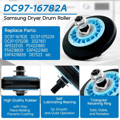 Dryer Roller Replacement Kit With DC97 16782A Roller for Samsung dryers, showing drum roller and product features with labeled parts.