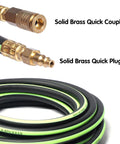 Heavy Duty Three Eighths Inch Air Hose Fifty Feet Thickened Five Layer Design Kink Resistant And All Weather Flexible 450 PSI Hybrid Compressor Hose With One Quarter Inch Brass Quick Coupler And Plug Pro Grade Industrial High Flow shown coiled with brass fittings.