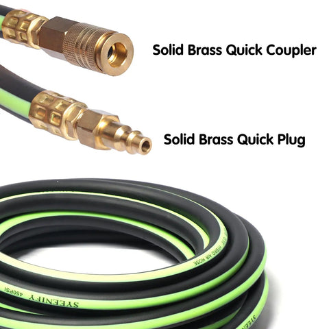 Heavy Duty Three Eighths Inch Air Hose Fifty Feet Thickened Five Layer Design Kink Resistant And All Weather Flexible 450 PSI Hybrid Compressor Hose With One Quarter Inch Brass Quick Coupler And Plug Pro Grade Industrial High Flow shown coiled with brass fittings.