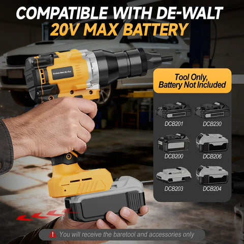Hand holding Cordless Rivet Nut Gun For 20V Battery Power, Pro Grade Brushless Motor, Auto And Manual Modes, battery attachment