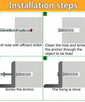 Installation steps for Essential White Down Wall Clips For Wire Shelving, showing drilling, anchoring, and screwing process.