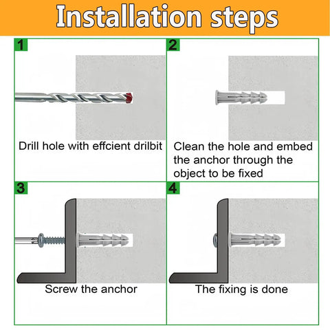 Installation steps for Essential White Down Wall Clips For Wire Shelving, showing drilling, anchoring, and screwing process.