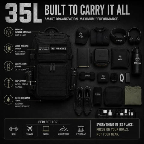 35L Tactical Gym Backpack Built For Everyday Use, Tough As Nails 1000D Waterproof Oxford Fabric displayed with accessories