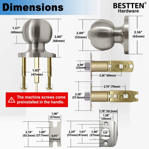 Keyed Entry Door Knob With Lock Satin Nickel Finish All Metal Construction Includes Three Keys Adjustable Backset From Two And Three Eighths Inches To Two And Three Quarters Inches For Interior And Exterior Doors dimensions