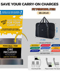 Underseat Travel Duffel Bag 18x14x8 Inches, displayed with dimensions and airline fitting instructions, water resistant material visible.