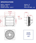 Specifications sheet for 16 Inch Wall Mounted Exhaust Fan With Automatic Shutter And Variable Speed For Home Attic Shed Or Garage Ventilation 1200 CFM Covers Up To 1800 Sq Ft Ready To Install Cuts Cooling Costs Power Cord Not Included showing dimensions and airflow details.