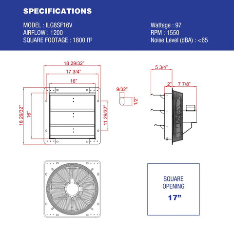 Specifications sheet for 16 Inch Wall Mounted Exhaust Fan With Automatic Shutter And Variable Speed For Home Attic Shed Or Garage Ventilation 1200 CFM Covers Up To 1800 Sq Ft Ready To Install Cuts Cooling Costs Power Cord Not Included showing dimensions and airflow details.