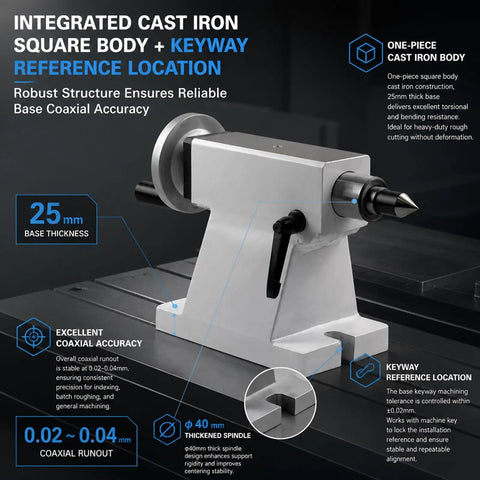 Integrated cast iron square body of Top Notch Telescopic Tailstock MT3 Taper. Keyway reference for reliable precision in CNC operation.