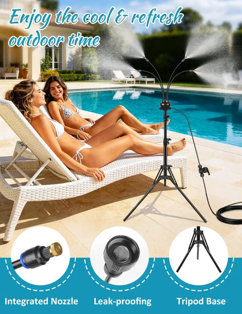 Outdoor Misting System for Patio and Yard, Adjustable 5.25 Foot Standing Mister With 26.5 Foot Misting Line near poolside