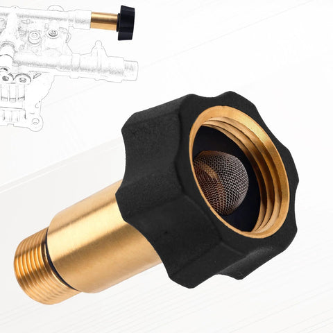 Brass high-pressure washer inlet fitting with black knurled collar and mesh screen