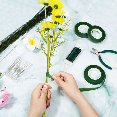 Hands using All In One DIY Floral Arrangement Kit With Green Wire And Floral Tape Including 26 Gauge Stem Wire 114 Feet 22 Gauge