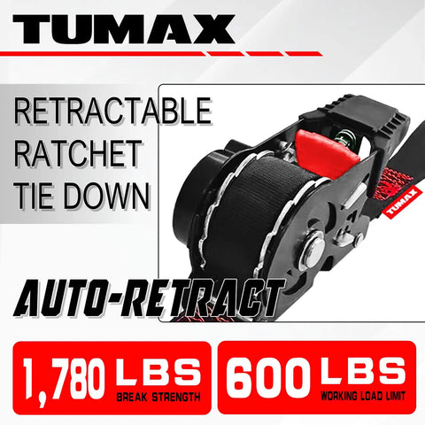 Heavy Duty Retractable Ratchet Straps Two Pack One Inch X Ten Foot Auto Retract Cargo Tie Downs showing ratchet mechanism and strap.