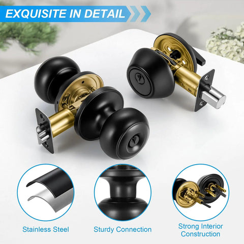 4 Pack Front Door Lock Set in Matte Black With Deadbolt and Door Knob, Keyed Alike Single Cylinder Lockset, Easy Install
