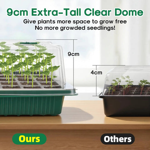 Comparison of two seed trays, showing Seed Starter Tray With Grow Light 2 Pack 80 Cell Seedling Kit with taller 9cm dome on left.
