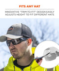 Man wearing Skullerz 8945 Universal Bump Cap Gray under a baseball cap, with image of cap's trim-to-fit flexible design