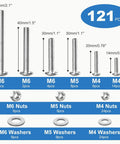 Ultimate 121 Piece Nuts And Bolts Kit with M4 M5 M6 screws, nuts, washers shown with measurements in clear display.