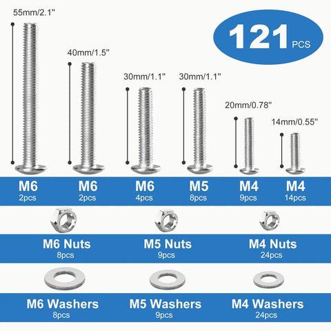 Ultimate 121 Piece Nuts And Bolts Kit with M4 M5 M6 screws, nuts, washers shown with measurements in clear display.