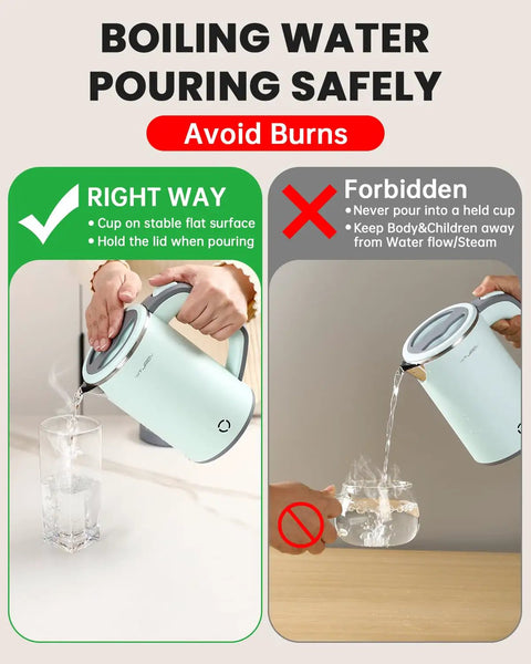 Compact Stainless Steel Electric Kettle 0.8L Portable For Camping, Travel, Office And Home used with safety instructions