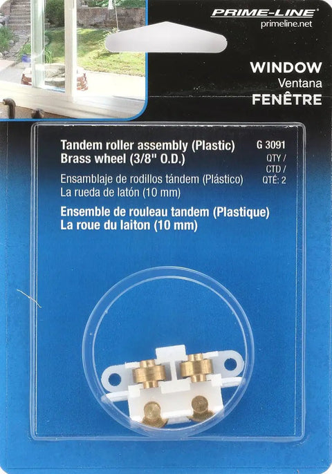 Top Tier Sliding Window Tandem Roller Assembly With 3/8 Inch Flat Brass Wheels And White Nylon Mounts For No Fuss Horizontal Slider Upgrades Two Piece Bundle in packaging.