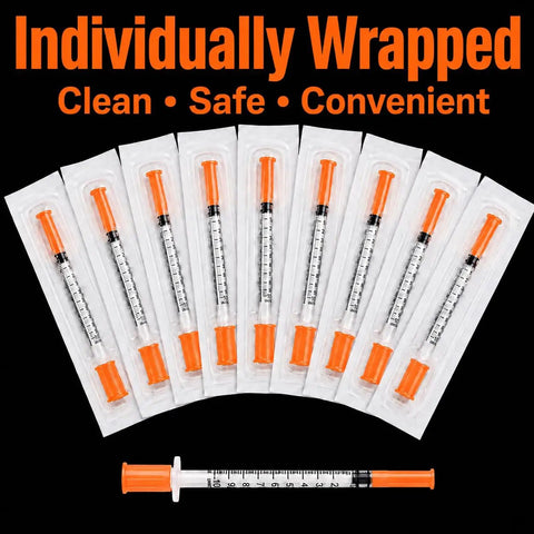 Bulk 30 Pack U100 Syringes 30 Gauge Five Sixteenth Inch 8 Millimeter 1 mL Disposable, Individually Wrapped, Pro Grade Performance, Smooth Leak-Proof Plunger, Clear Barrel, Medical Grade Single-Use Syringes, individually wrapped syringes shown