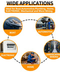 Infographic showing applications of 70 Pack Rubber Grommet Kit With 7 Sizes For Wiring in boats, automotive, home, and landscapes.