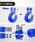 Installation process of Forged Steel Winch Hook Set 3/8 Inch Grade 70 Safety Latch Clevis Slip Hook with Cable Stopper, blue parts