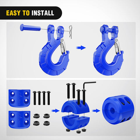 Installation process of Forged Steel Winch Hook Set 3/8 Inch Grade 70 Safety Latch Clevis Slip Hook with Cable Stopper, blue parts
