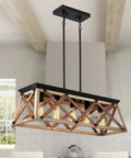 Open Cage Farmhouse Ceiling Light Fixture With 5 Light Dining Room Chandelier For Over Table Linear Rectangular Design And Island Pendant Lighting For Kitchen Breakfast Bar Adjustable Height With 2 Rods, wood finish