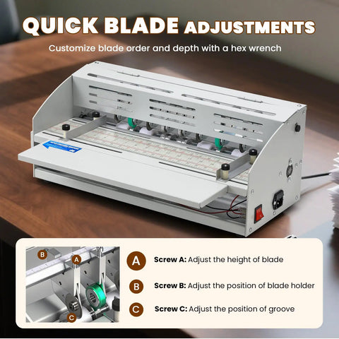 Image of Electric Creasing Machine With Dual Creasing Perforating And Cutting Blades 25 Rpm Paper Creaser showing quick blade adjustments.