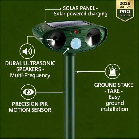 2 Pack Ultrasonic Animal Deterrent Devices For Outdoor Gardens Solar Powered Motion Sensor Safe Humane Sonic Fortress Pro Garden Shield For Squirrels Raccoons Rabbits Foxes Skunks Cats And More IP65 Waterproof solar stake with sensor
