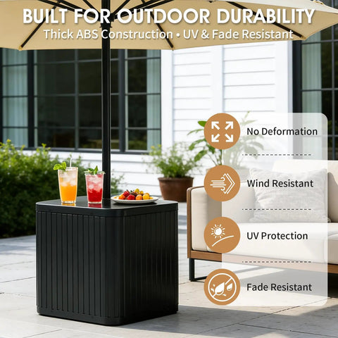 Outdoor Umbrella Side Table With Hole 2 In 1 Square Patio Table For Poolside And Deck Includes 15.9 Gallon Fillable Base Fits Up To 1.5 Inch Pole Matte Black