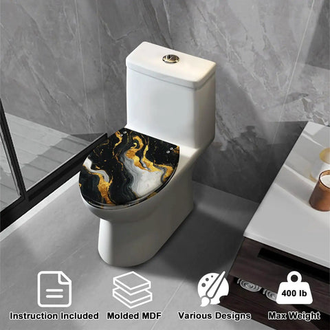 Toilet Seat Replacement Slow Close Elongated for Bathroom with artistic black and gold marble design on molded MDF.