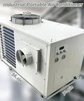 Heavy Duty Industrial Spot Cooler Packs 61K Btu Of Killer Cooling Power And 2900 Cubic Meter Per Hour Airflow with dimensions and exhaust.