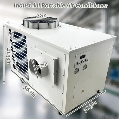 Heavy Duty Industrial Spot Cooler Packs 61K Btu Of Killer Cooling Power And 2900 Cubic Meter Per Hour Airflow with dimensions and exhaust.